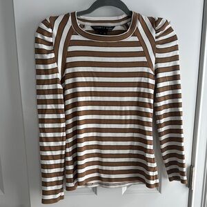 Veronica Beard  Jean Tee: white and tan stripe Ruffled / slightly puff shoulder